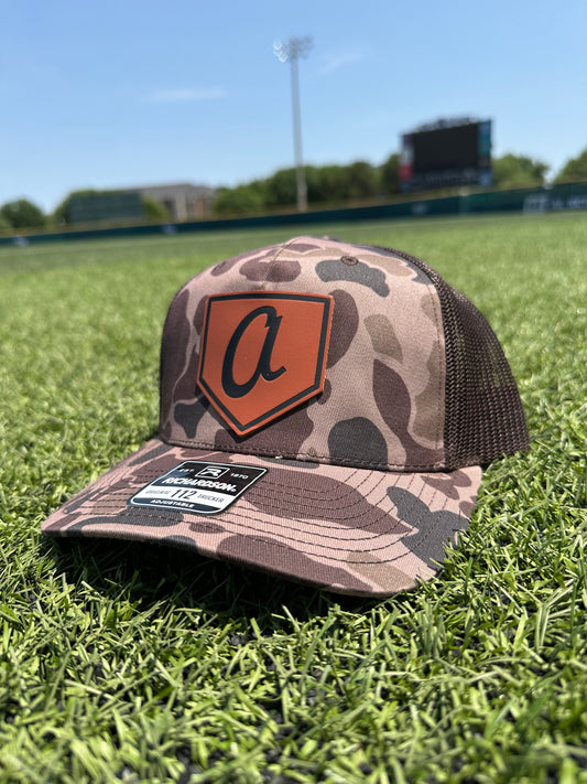 Limited Camo "A" Script Leather Patch Trucker Hat