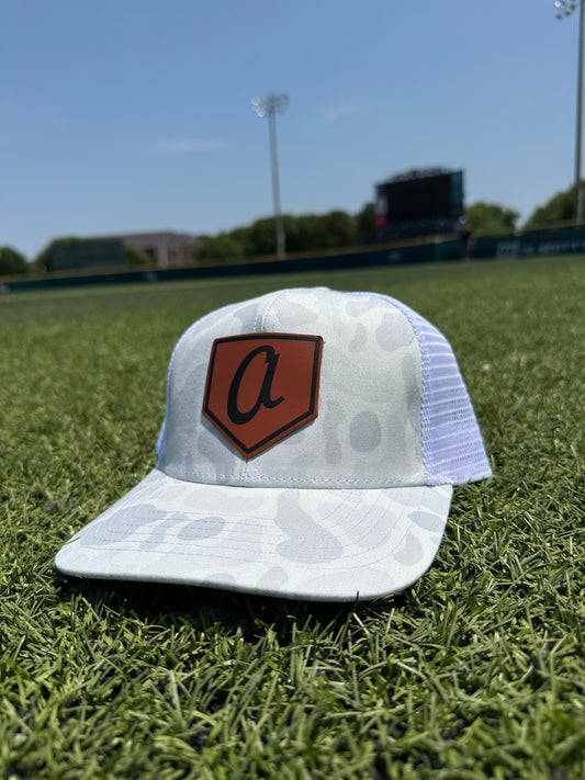 Limited White Camo "A" Script Leather Patch Trucker Hat